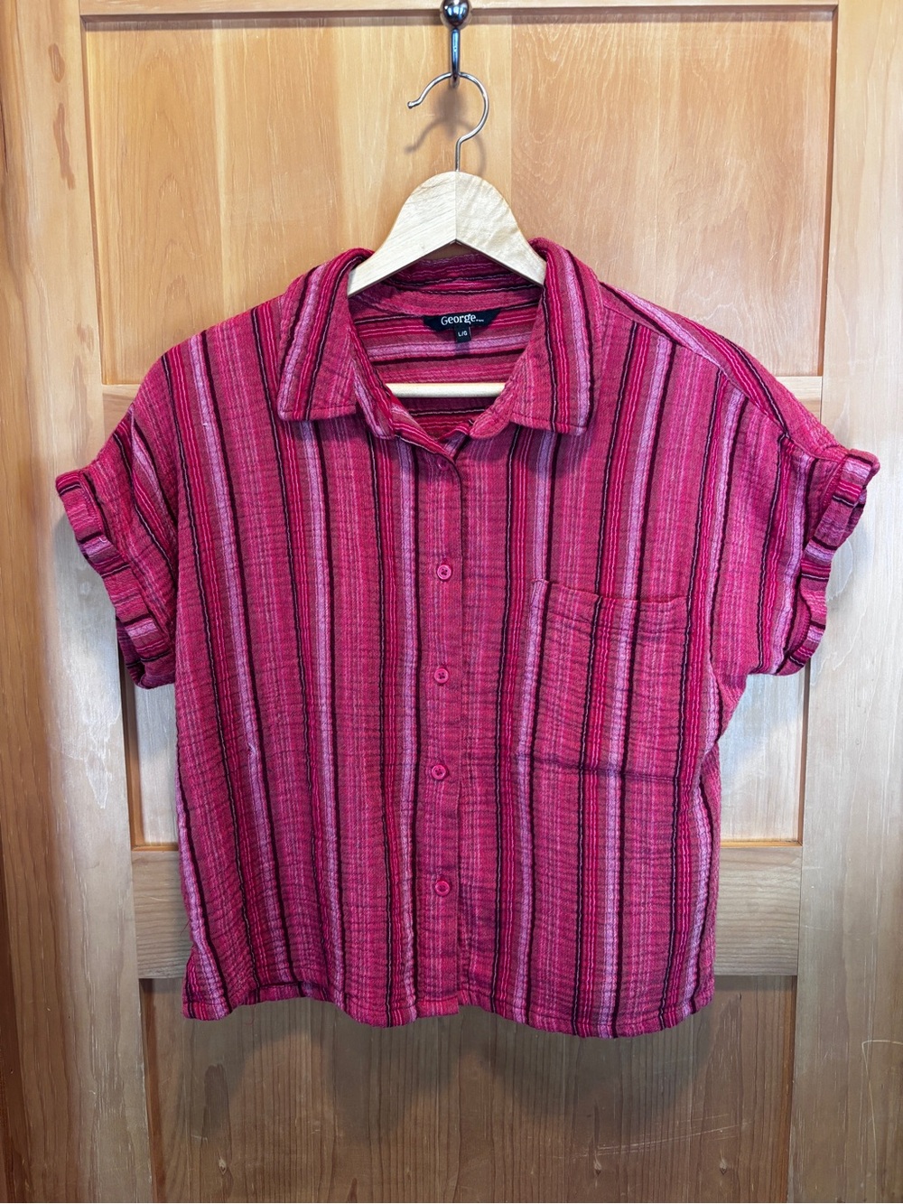 George PinkRasberry Striped Textured Button Up Camp Shirt - Size L